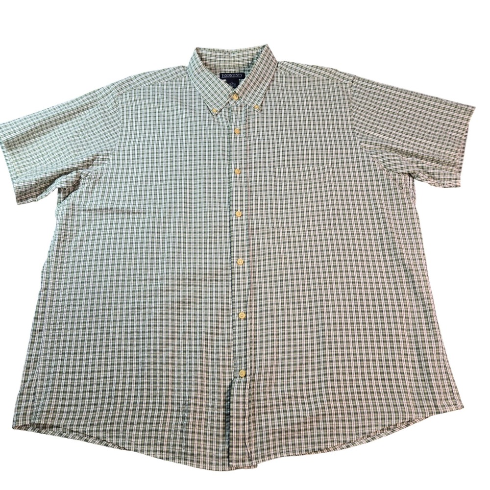 Lands End Men XL Green White Plaid Short Sleeve Button Down Shirt Cotton Regular